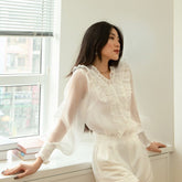 Ruffled Long Sleeve Organza Blouse with Sheer Texture and Soft Gathered Cuffs