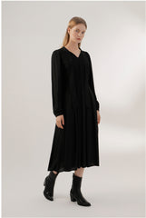 Long Sleeve Midi Dress in Flowing Crepe with Neck Tie Detail