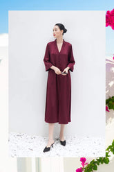 真丝中长衬衫裙,V 领,包扣设计,适合优雅的日常穿着