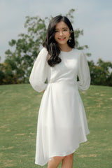 Sheer sleeve organza midi dress with soft drape and asymmetrical hemline for effortless elegance