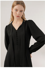 Long Sleeve Midi Dress in Flowing Crepe with Neck Tie Detail