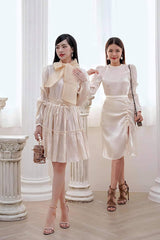 Silk midi skirt with ruched side detail and high slit for a flattering, feminine silhouette