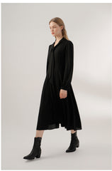 Long Sleeve Midi Dress in Flowing Crepe with Neck Tie Detail
