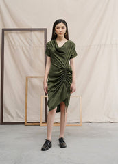 Silk Draped Ruched Midi Dress with Asymmetric Hemline