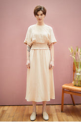 Linen Midi Dress with Smocked Waist and Short Sleeves