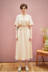 Linen Midi Dress with Smocked Waist and Short Sleeves