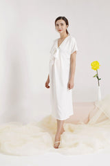 V-Neck Midi Silk Dress with Front Bow Detail