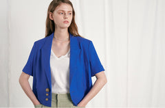 Tailored Linen Blazer with Short Sleeves and Triple Button Detail