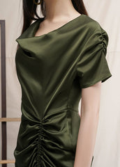 Silk Draped Ruched Midi Dress with Asymmetric Hemline