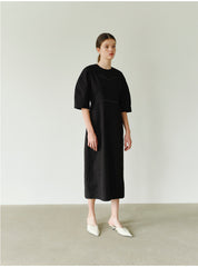 Structured Linen Midi Dress with Puff Sleeves and Tailored Seams