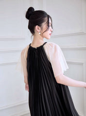 Pleated Midi Silk Dress with Sheer Flutter Sleeves