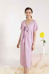 Silk Midi Dress with Front Bow Detail and Short Sleeves – Elegant Relaxed Fit Occasionwear