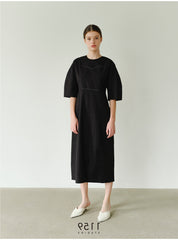 Structured Linen Midi Dress with Puff Sleeves and Tailored Seams