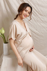 Draped V-Neck Silk Dress with Twist Detail