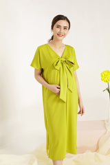 V-Neck Silk Dress with Statement Bow Tie