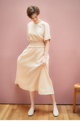 Linen Midi Dress with Smocked Waist and Short Sleeves