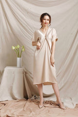 Draped V-Neck Silk Dress with Twist Detail