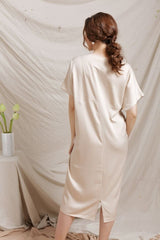 Draped V-Neck Silk Dress with Twist Detail