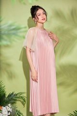 Pleated Silk Midi Dress with Sheer Cape Sleeves