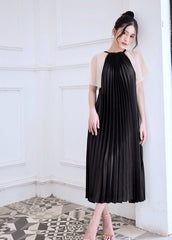 Pleated Midi Silk Dress with Sheer Flutter Sleeves