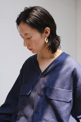 Linen V-Neck Blouse with Patch Pockets and Adjustable Drawstring Hem