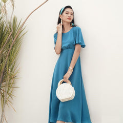 Flutter Sleeve A-Line Midi Dress in Breathable Linen Fabric