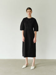 Structured Linen Midi Dress with Puff Sleeves and Tailored Seams