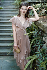 Alexandra V Neck Layered Ruffle Organza Midi Dress