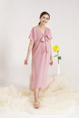 Silk Midi Dress with V-Neckline and Statement Bow