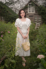 Organza Midi Dress with Tiered Ruffle Sleeves and Cinched Waist for a Romantic Garden Look