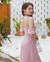 Silk Midi Dress with Ruched Bodice and Shoulder Tie Straps