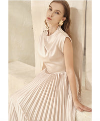 Silk Midi Dress with Draped Neckline and Knife-Pleated Skirt for Elegant Movement