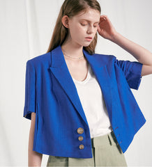 Tailored Linen Blazer with Short Sleeves and Triple Button Detail