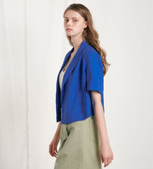 Tailored Linen Blazer with Short Sleeves and Triple Button Detail