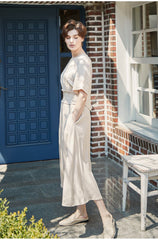 Linen Midi Dress with Smocked Waist and Short Sleeves