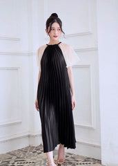 Pleated Midi Silk Dress with Sheer Flutter Sleeves