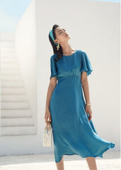 Flutter Sleeve A-Line Midi Dress in Breathable Linen Fabric