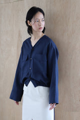 Linen V-Neck Blouse with Patch Pockets and Adjustable Drawstring Hem