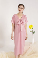 Silk Midi Dress with V-Neckline and Statement Bow