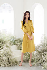 泡泡袖腰带裹身式真丝连衣裙