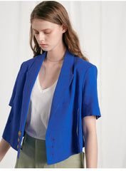 Tailored Linen Blazer with Short Sleeves and Triple Button Detail
