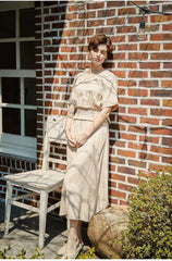 Linen Midi Dress with Smocked Waist and Short Sleeves