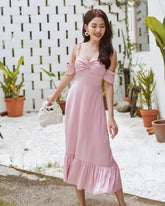 Robe midi en soie avec corsage froncé et bretelles à nouer