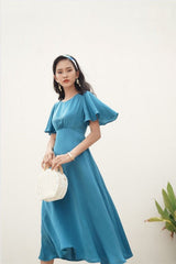 Flutter Sleeve A-Line Midi Dress in Breathable Linen Fabric