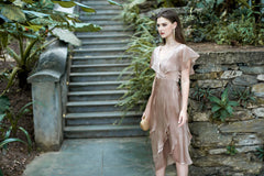 Alexandra V Neck Layered Ruffle Organza Midi Dress