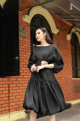 Silk Midi Dress with Puff Sleeves, Fitted Waist, and Handcrafted Floral Waist Detail