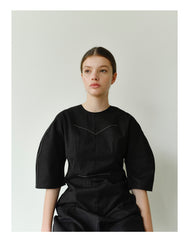 Structured Linen Midi Dress with Puff Sleeves and Tailored Seams