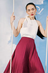 Silk Halter Top with Bow Shoulder and Ribbed Texture