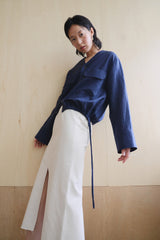 Linen V-Neck Blouse with Patch Pockets and Adjustable Drawstring Hem