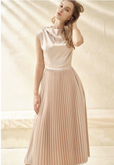 Silk Midi Dress with Draped Neckline and Knife-Pleated Skirt for Elegant Movement